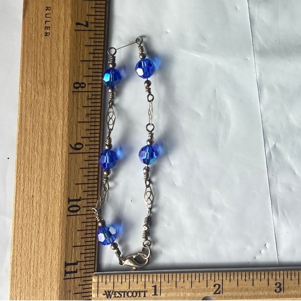 Silver Tone Blue Crystal Beaded Chain Bracelet Women's Jewelry